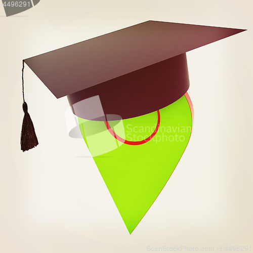 Image of Geo pin with graduation hat on white. School sign, geolocation a