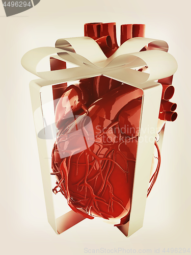 Image of Red human heart with ribbon. Donor concept. 3d illustration. Vin