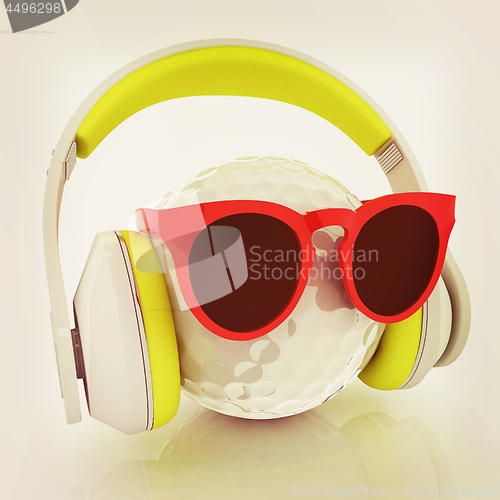 Image of Golf Ball With Sunglasses and headphones. 3d illustration. Vinta