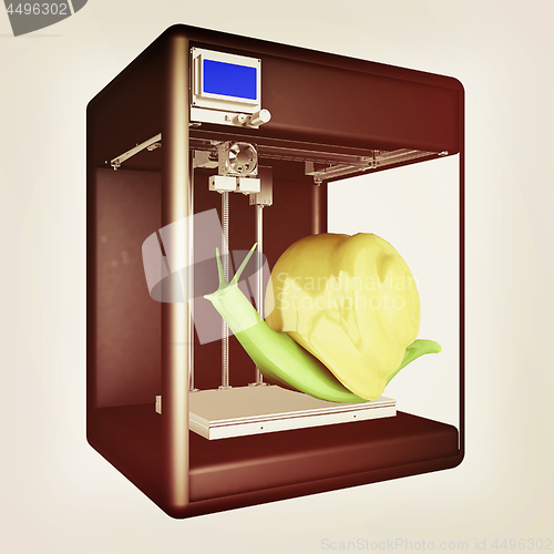 Image of 3d printer during work on the snail. High bio-technology concept