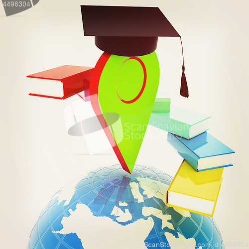 Image of Pointer of education in graduation hat with books around and Ear