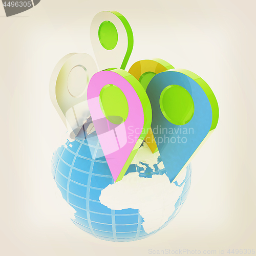 Image of Planet Earth and map pins icon. Earth globe and colorful map lab