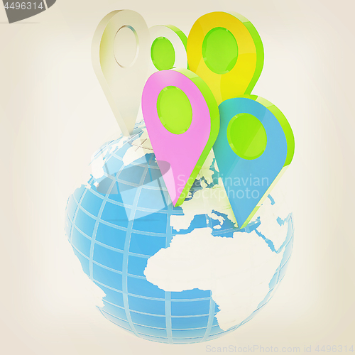 Image of Planet Earth and map pins icon. Earth globe and colorful map lab