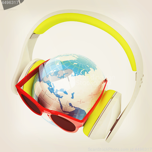 Image of Earth planet with earphones and sunglasses. 3d illustration. Vin
