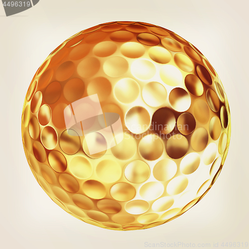 Image of 3d rendering of a golfball in gold. Vintage style