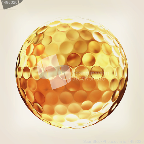 Image of 3d rendering of a golfball in gold. Vintage style