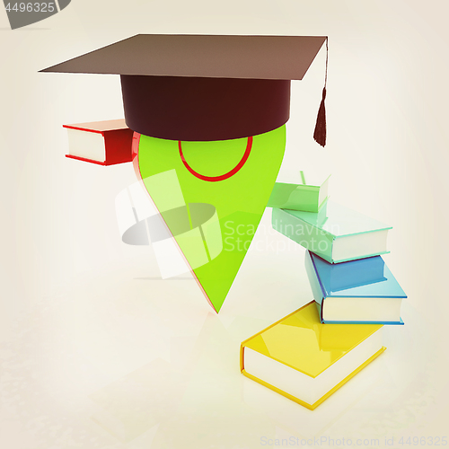 Image of Pointer of education in graduation hat with books around. 3d ill