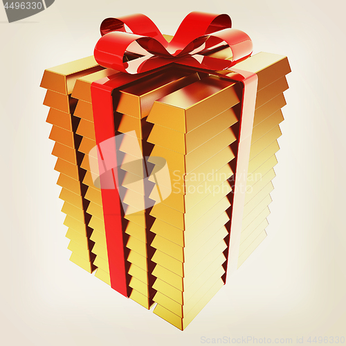 Image of Stacked Gold Bars with Red Ribbon. 3d illustration. Vintage styl