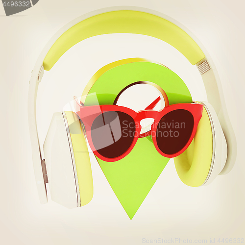 Image of Glamour map pointer in sunglasses and headphones. 3d illustratio