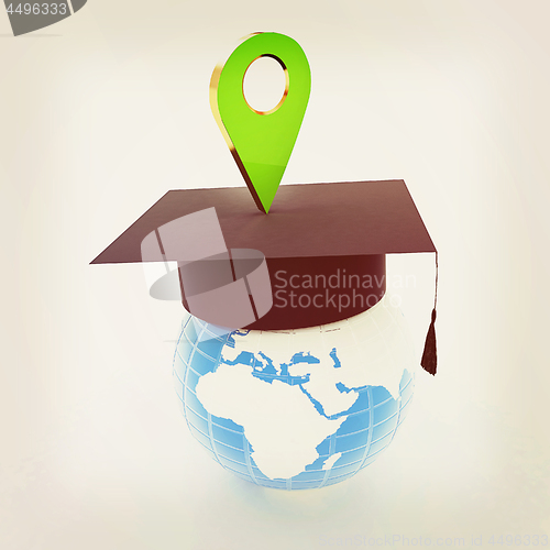 Image of Geo pin with graduation hat on white. School sign, geolocation a