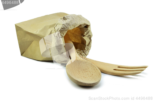 Image of Paper bag with wooden fork and spoon