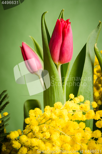 Image of Spring bouquet with tulip and mimosa