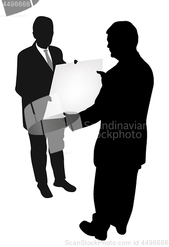 Image of Two businessmen holding and showing new project plan or blank banner