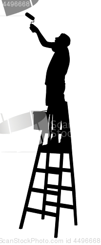 Image of Painter on ladder painting wall or ceiling with paint roller
