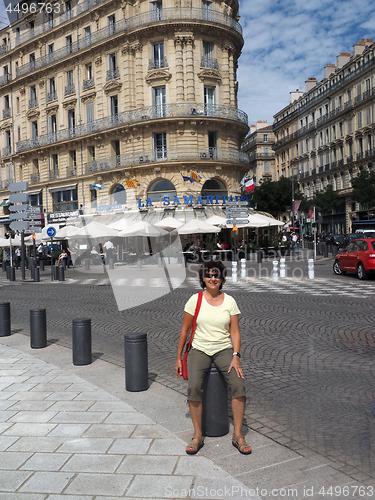 Image of editorial Marseille France brasserie restaurant on main road.