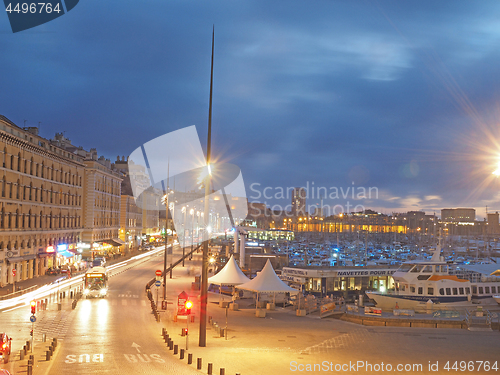 Image of editorial port harbor Marseille France with boats night scene