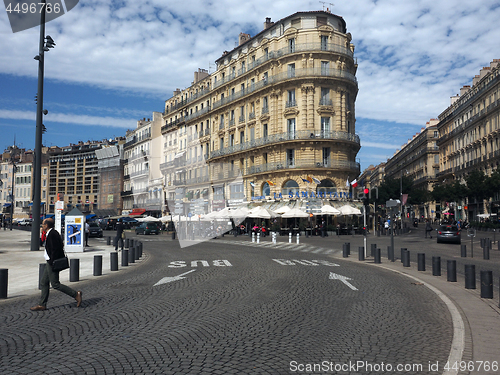 Image of editorial Marseille France brasserie restaurant on main road.