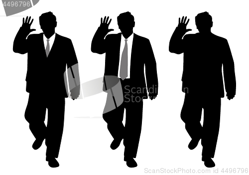 Image of Businessman making stop gesture or waving hand saluting