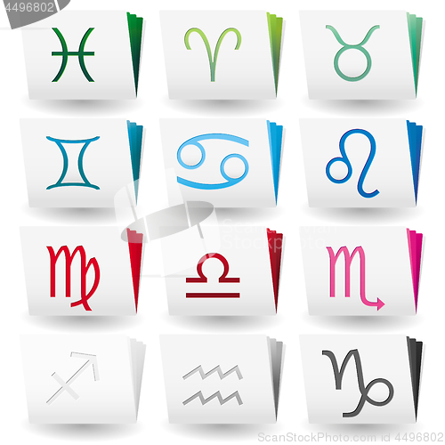 Image of Set of folders with white covers and colored pages with zodiac signs 