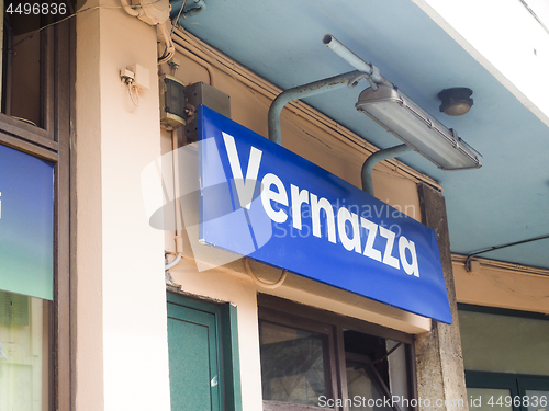 Image of train station sign Vernazza Cinque Terre Italy