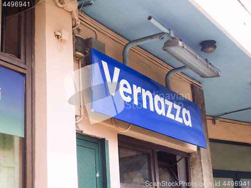 Image of editorial train station sign Vernazza Cinque Terre Italy