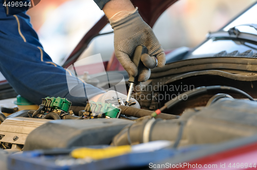 Image of lpg car injectors in old car engine are subject for service