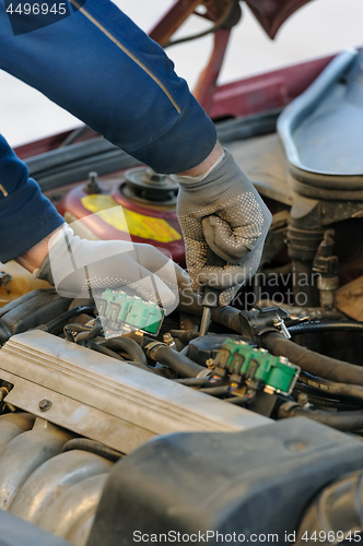 Image of lpg car injectors in old car engine are subject for service
