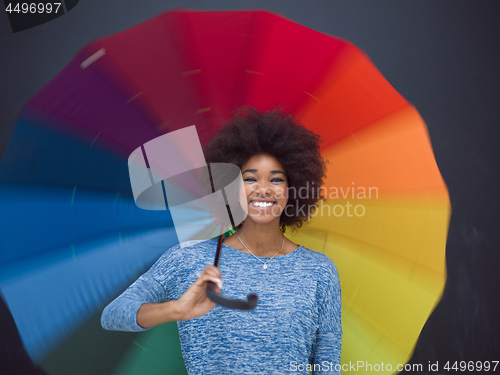 Image of african american woman holding a colorful umbrella