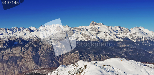 Image of Panoramic view of the snowy mountains ski resort Vogel in Sloven