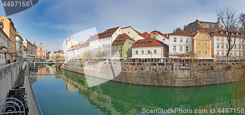 Image of Panoramic view on Ljubljanica river canal in Ljubljana old town