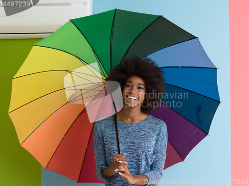 Image of young black woman holding a colorful umbrella