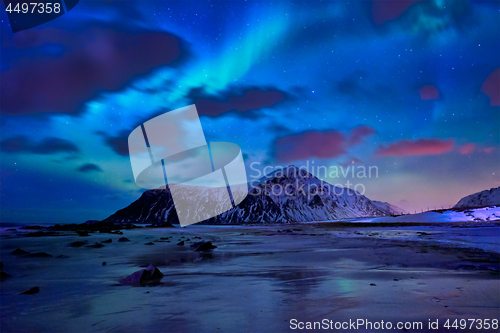 Image of Aurora borealis northern lights. Lofoten islands, Norway