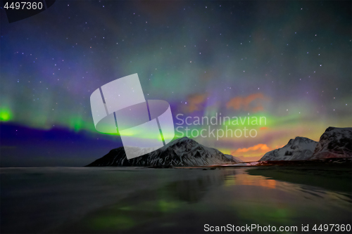 Image of Aurora borealis northern lights. Lofoten islands, Norway