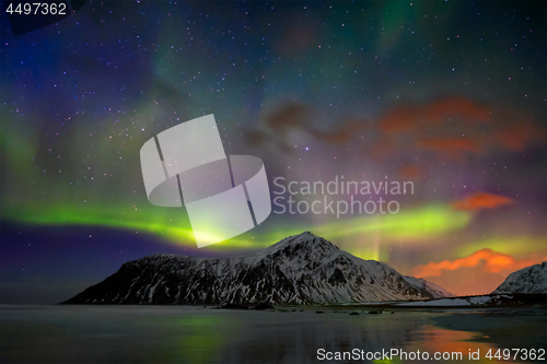 Image of Aurora borealis northern lights. Lofoten islands, Norway