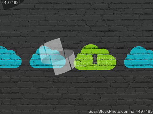 Image of Cloud technology concept: cloud with keyhole icon on wall background