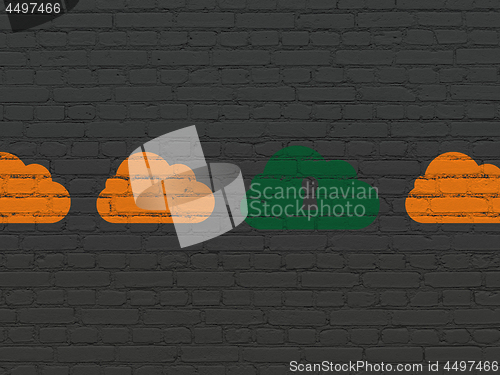 Image of Cloud technology concept: cloud with keyhole icon on wall background
