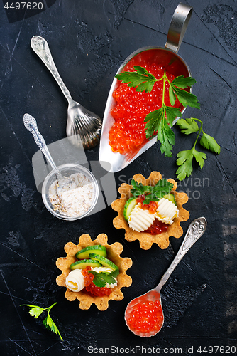 Image of tartalets, butter and salmon caviar