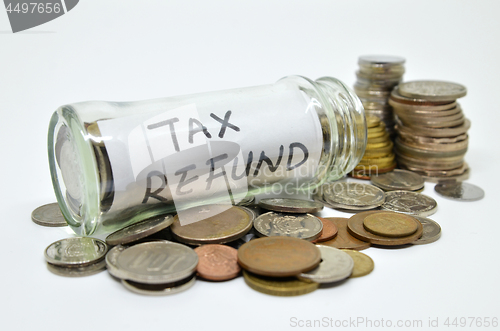 Image of Tax refund lable in a glass jar with coins spilling out