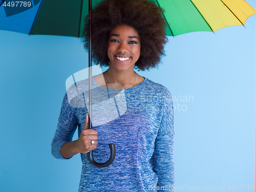 Image of beautiful black woman holding a colorful umbrella