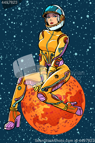 Image of red planet Mars sexy beautiful woman astronaut