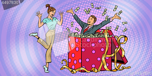 Image of woman happy surprise. man with money gift