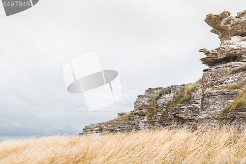 Image of Limestone cliff and grass field