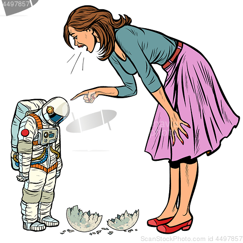 Image of Woman scolds astronaut. The guilty destroyed moon isolate on white background