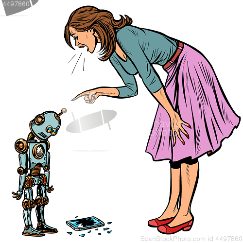 Image of robot broke the phone. Woman scolds guilty