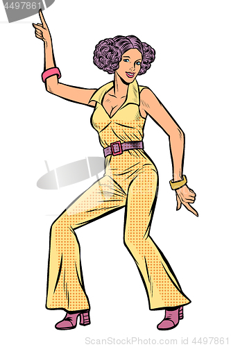 Image of girl in pantsuit. woman disco dance isolate on white background