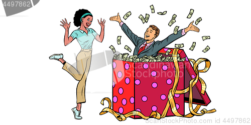 Image of businessman husband lots of money holiday gift box. African woman isolate on white background