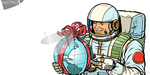 Image of Earth day concept. Astronaut with a gift. Isolate on white background