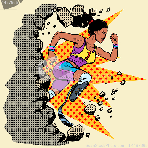 Image of breaks the wall disabled African woman runner with leg prostheses running forward. sports competition