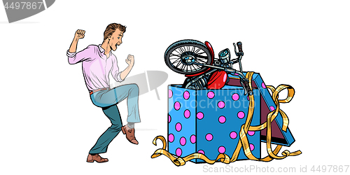 Image of Man and motorcycle holiday gift box, isolate on white background