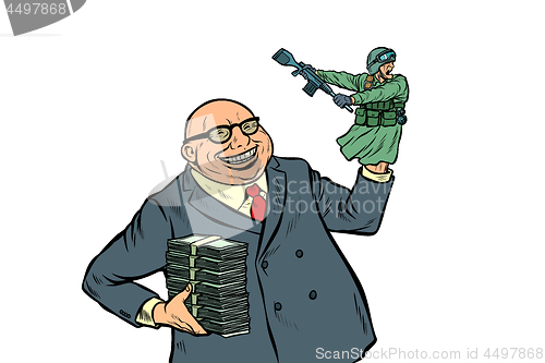 Image of War propaganda. Soldier attacks. Politician with money